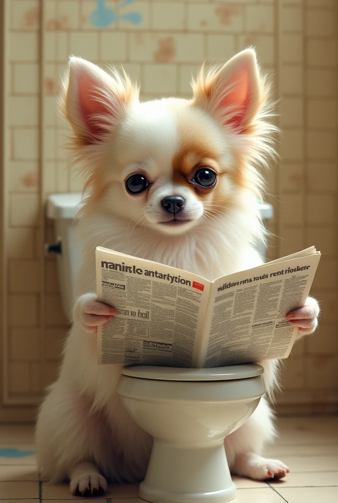 A picture of a long-haired chihuahua with erect ears. The dog is white but the right half of the face is exactly separated from the other and light brown. The dog sits on a toilet and reads a newspaper