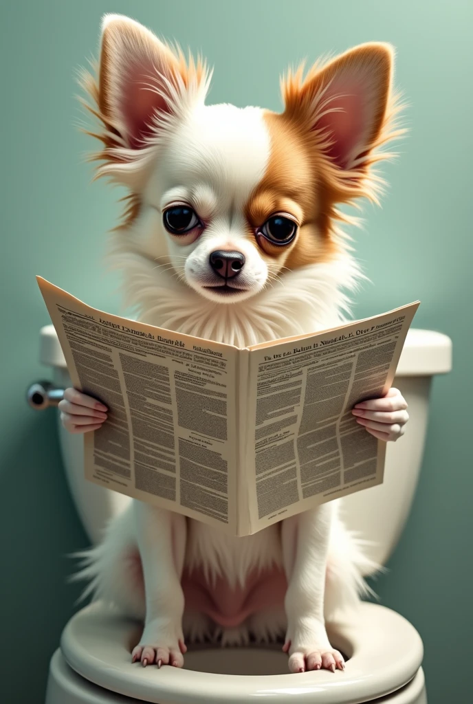 A picture of a long-haired chihuahua with erect ears. The dog is white but the right half of the face is exactly separated from the other and light brown. The dog sits on a toilet and reads a newspaper