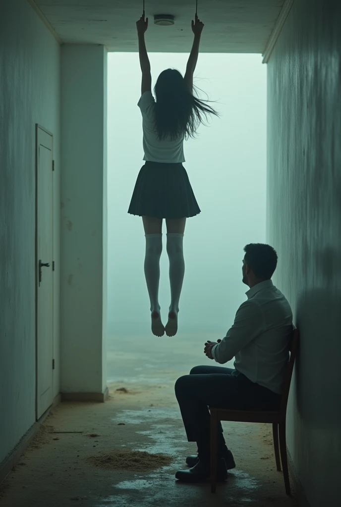 Scene of female student wearing white thigh high socks hanging herself to death ,hovering in the air , a man sitting on the ground in panic with a chair on the ground