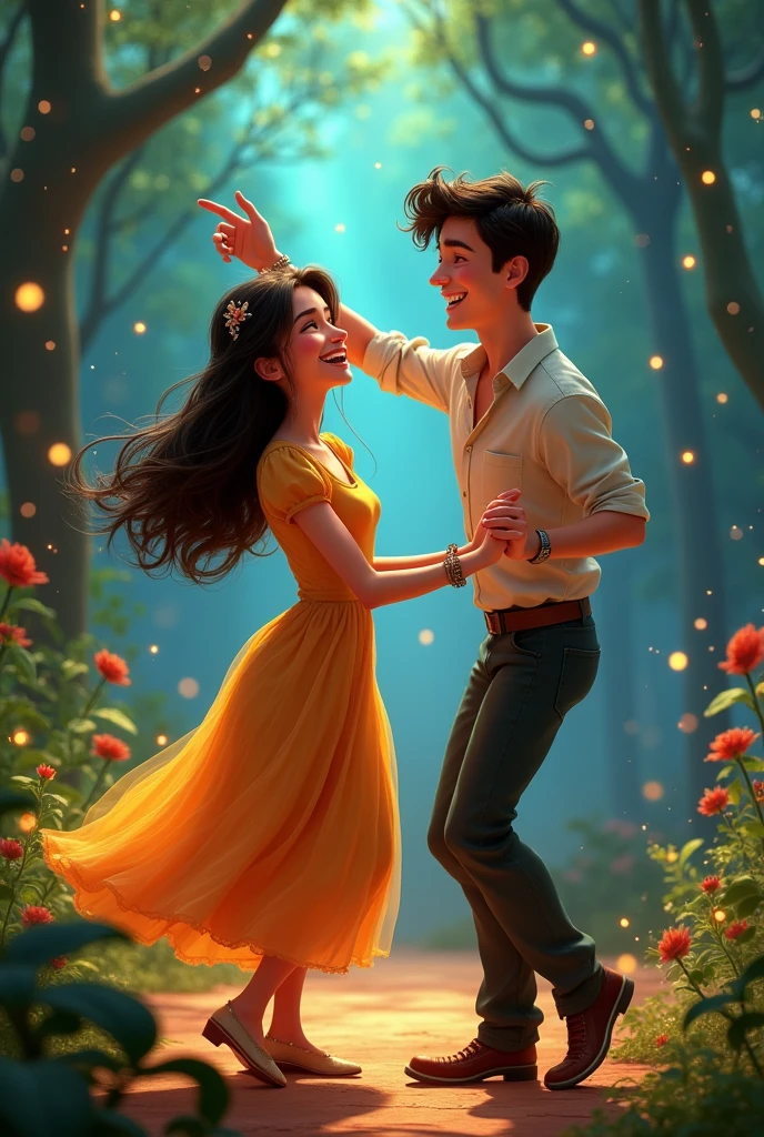 illustration , A final scene of Maria and Lucas laughing and dancing, full of joy, after tasting the Sweet of Happiness. The forest in the background is full of bright lights and vibrant colors., symbolizing the happiness they experience. Disney pixar