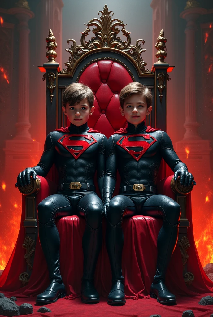 a 2 boy as super hero in hell and he is sitting throne and he is King of hell full super hero rad and black suit
