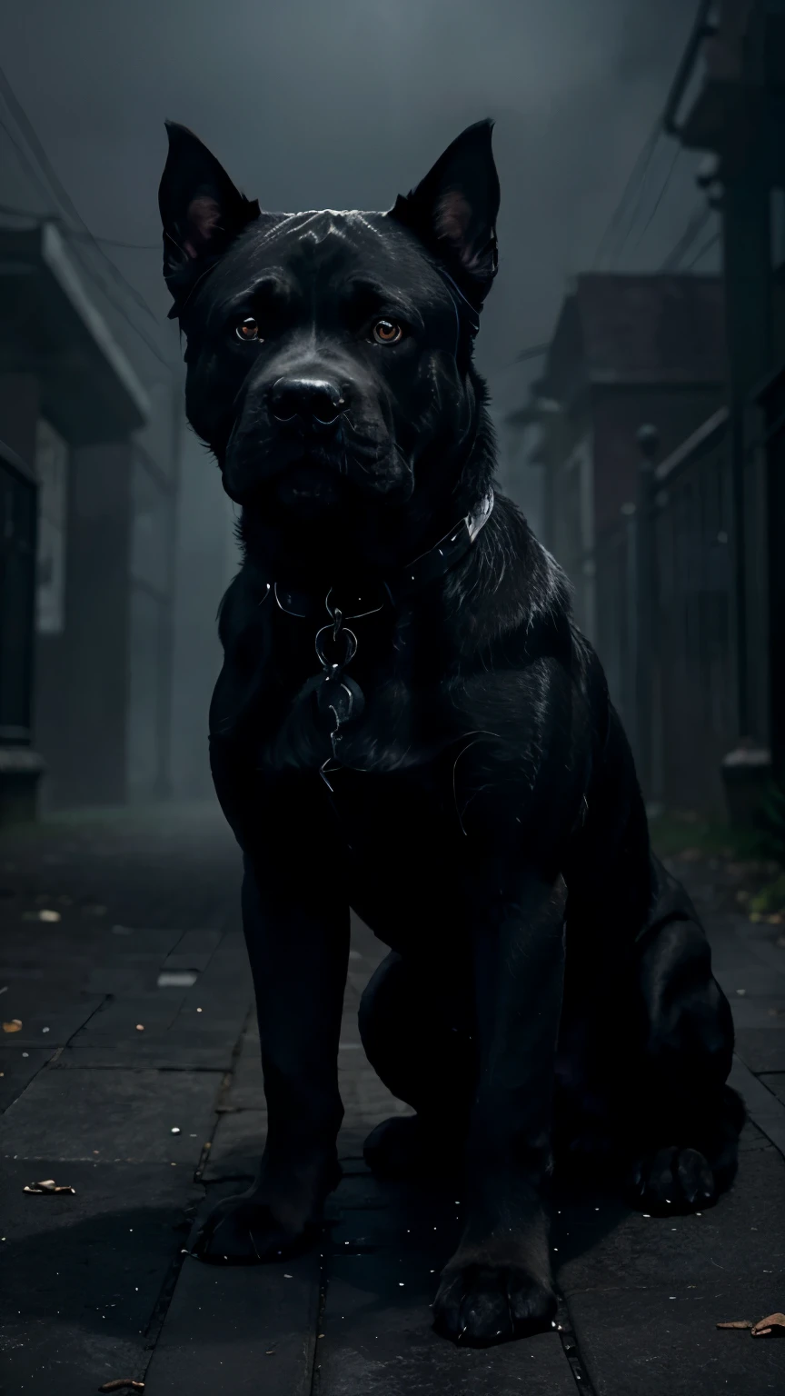 Create a realistic and terrifying image of a single dog, such as a Bullmastiff , with a fierce expression, showing its teeth and intense, glowing eyes. The dog should have a muscular build, standing in a dark, eerie setting with shadows and mist, enhancing its menacing presence.
