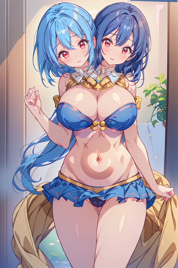 (masterpiece, best quality), best quality, (ultra-detailed), (3heads:1.5), 1girl, (Megumu Iizunamaru:1.3), masterpiece, best quality, ultra quality, ultra resolution, ultra detail, dark blue top, crop top, ((stomach)), midriff, ((groin)), dark blue skirt, normal ears, shackles, blue hair, very long hair, wavy hair, (blunette:1.5), red eyes, detailed eyes, parted lips, open belly, smiling, cute, toned belly, hand on own chest, eyelashes, (2 woman:1.3), (masterpiece:1.5), (best quality:1.5), (beautiful detailed), extremely detailed CG, extremely delicate and beautiful, depth of field, (finely detailed face), (perfect details:1.2), (mature female:1.3), sexy body, slender, large veiny breast, 16k resolution, highres, high quality, high definition, extremely detailed, masterpiece, blue hair, long hair, alluring presence, three heads, short skirt, close up, very big breasts, huge breasts, young, blue tokin, golden pauldron,