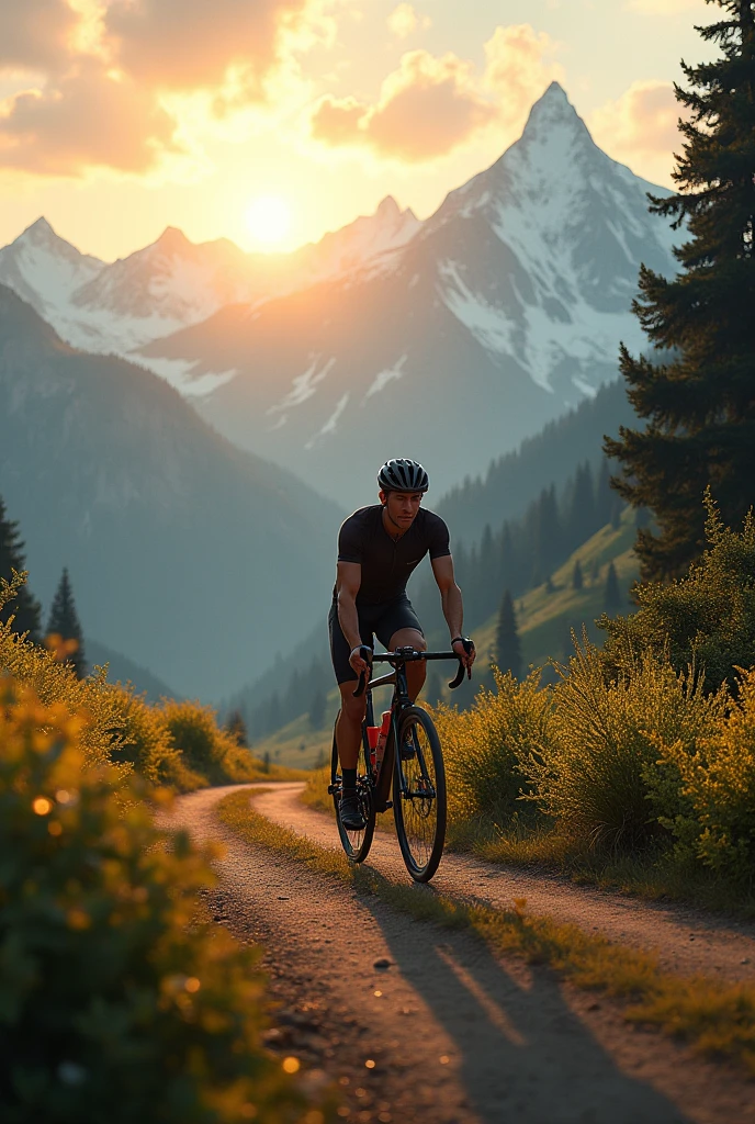 A bike rider riding a bike in mountain with pleasent sun rise l