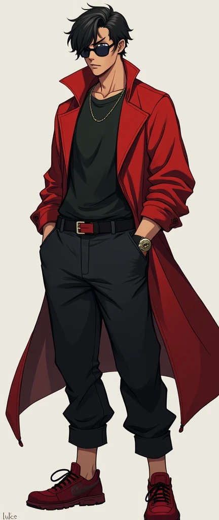 Luke from Dragon, A young man with brown skin, with a soft brown tone, is easily recognizable by his striking scar over his left eye. Your black hair, styled with a side-swept fringe, frames your face imposingly. He wears a black t-shirt under a red long-sleeved jacket., black pants, red shoes and prescription sunglasses. His fingerless gloves and athletic body reinforce his calm and serious presence., but with a touch of mystery.