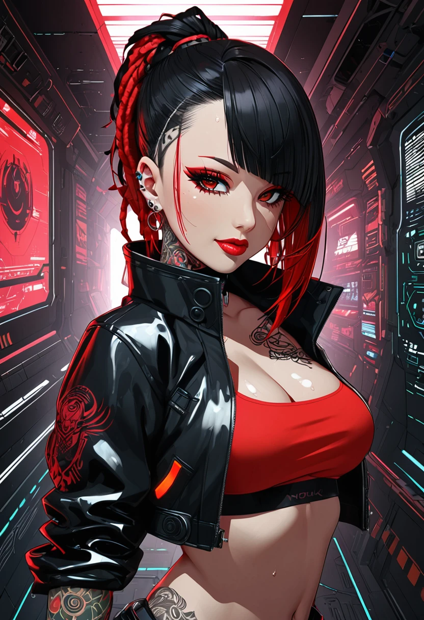 Christy Mack, Close no rosto, with a metal glove, a neon red garrote, estilo anime cyberpunk, Bblack hair, wet, red dreadlock, art by Naoyuki Onda, mulher with tattoos nos braços, with tattoos, in a black and red crop top, Black jacke, seducing smile, seductive lady, cyberpunkstyle, background of a spaceship corridor