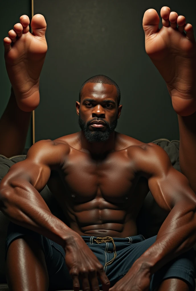 Sensual African male in room filled with big feet and soles of his master's feet.