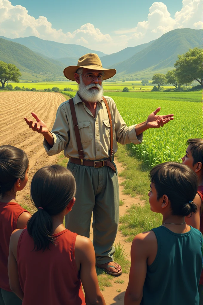 The farmer is seen giving advice to other villagers, who are listening intently. The background shows a contrast between the old, barren fields and the newly thriving ones.