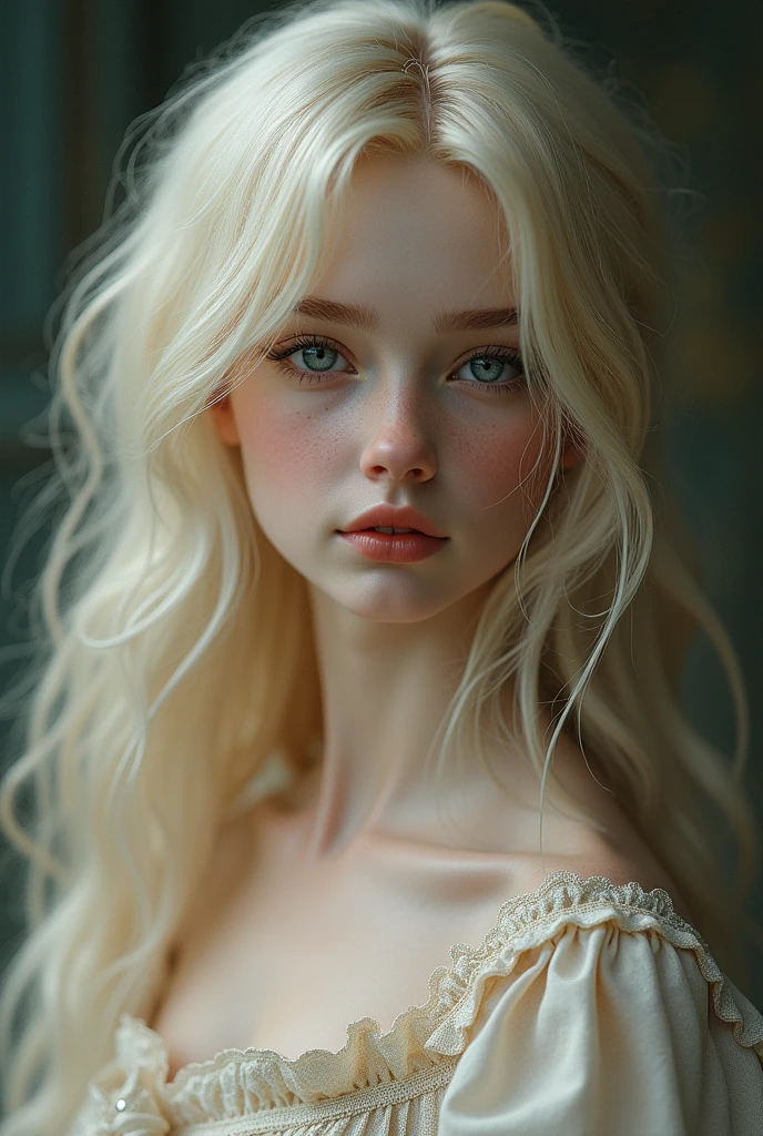 Girl with soft feature and blonde hair and blue eyes who look like unreal like a bjd doll but still builded as normal human like elle fanning. As if cosplaying athanasia de alger obelia