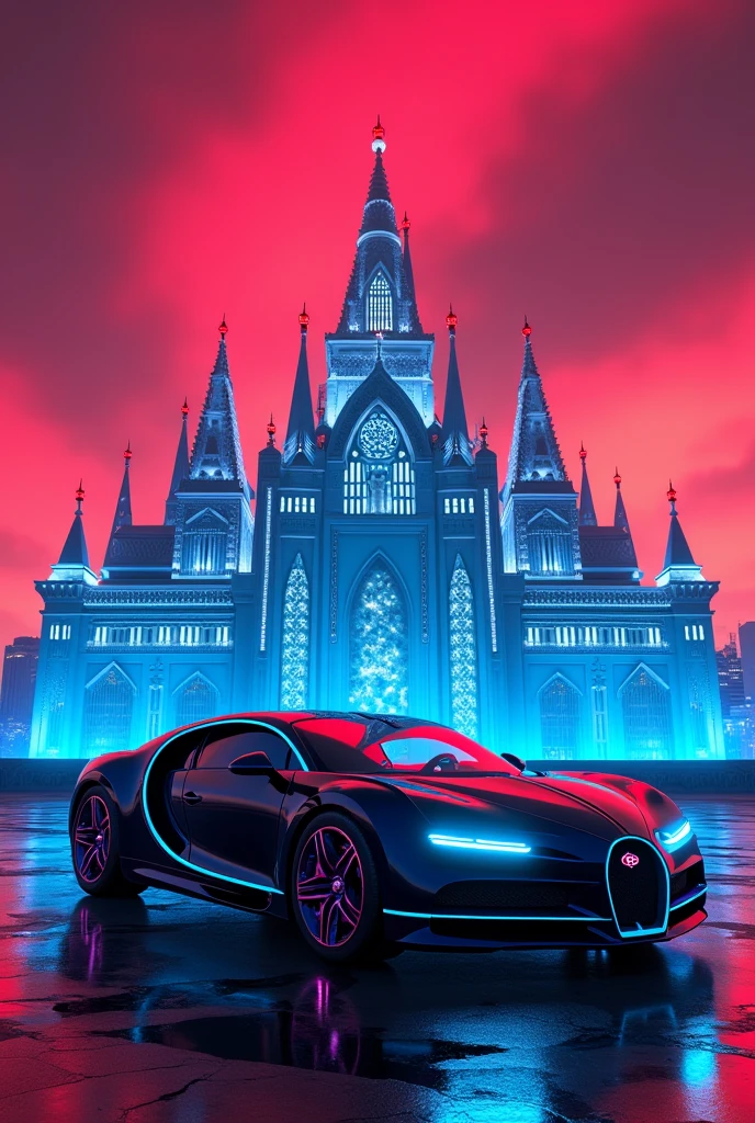 Beautiful palace a black buggati at night with blue neon light with sky red