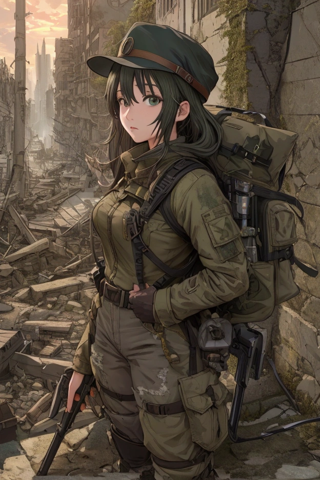 ((Highly detailed anime art)),Woman in ruins,City Ruins,Ranger Equipment,Rugged Backpack,tent,goggles,hat,((masterpiece, Highest quality, Extremely detailed CG, unity 8k wallpaper )),(masterpiece, Highest quality, Highest quality, Official Art, beautiful),Very vivid,High-precision images,Ultra-high resolution,Great art,Poster Art,Impressive photos,Impressive art,beautiful顔,Perfect Face