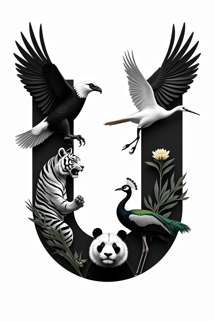 "Create a black-and-white logo in the shape of the letter 'U' using the images of the following animals and birds: American Bald Eagle, Indian Bengal Tiger, Indian Green Peacock, Chinese Giant Panda, and Chinese Red-crowned Crane. The images of these animals and birds should be intricately integrated into the 'U' itself, not just along the border. The Bald Eagle's wings should form the upper curves of the 'U,' while the Bengal Tiger's stripes create texture within the letter. The Peacock's feathers should blend into the left side, adding intricate detailing. The Panda's face should be incorporated into the center base of the 'U,' and the Red-crowned Crane should be gracefully positioned on the right side, with its wings and long neck enhancing the curve. The entire design should be in black and white, ensuring that each element is distinguishable but harmoniously connected to form the unified 'U' shape."