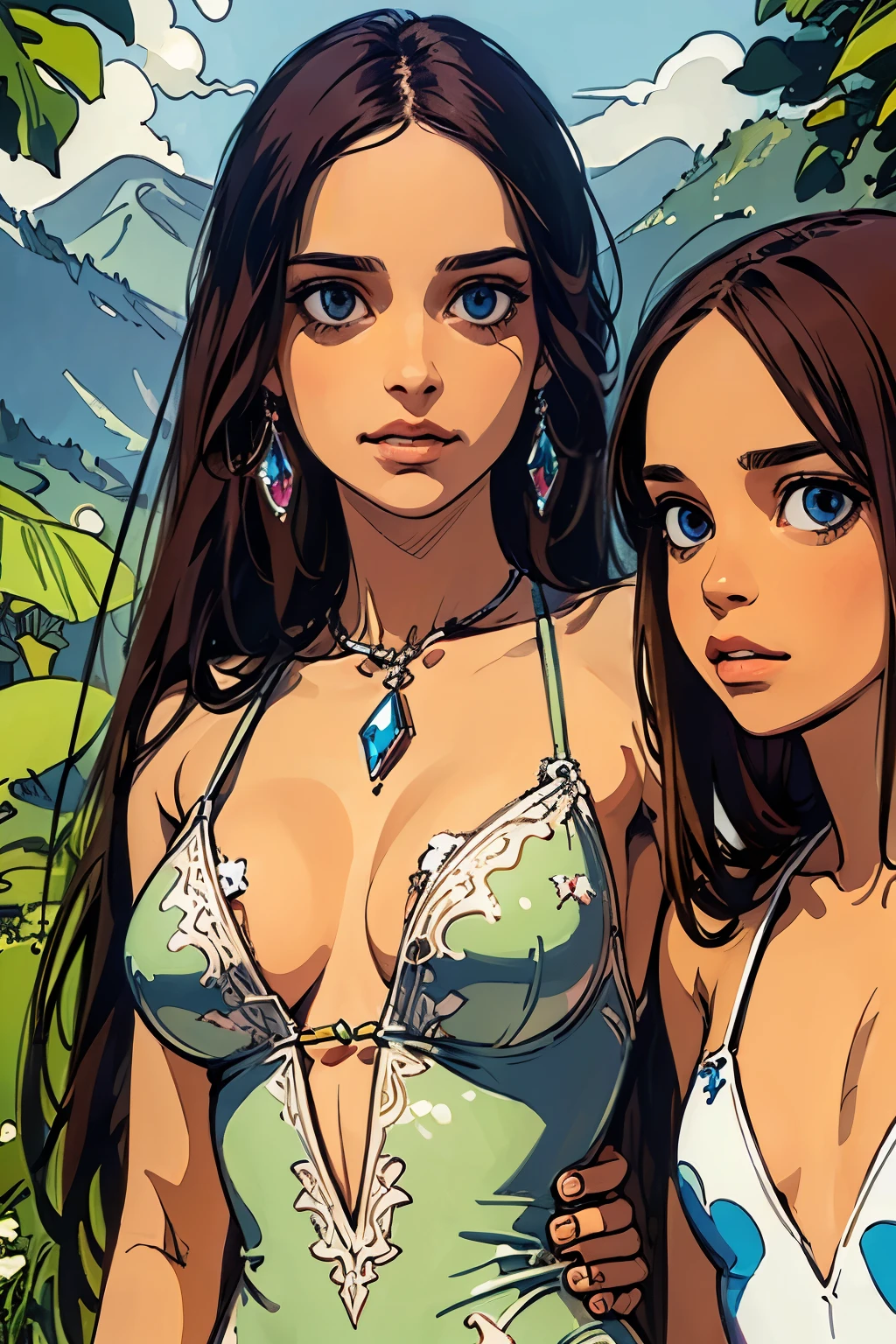 ( Absurdly , High quality , ultra detailed ) ,( hand detailed ) ,girl with her daughters, very long hair,  beautiful crystal eyes ( eye detailed ) ,, elegant, colorful, highest detailed, upper body ,