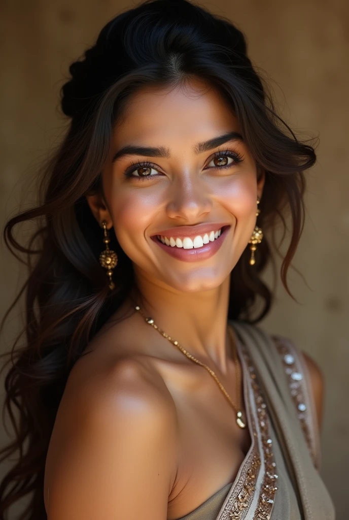 There is a young, Beautiful indian woman, who looks to the future like Katrina Kaif, Smiles into the camera, beautiful teeth, She looks into the camera, a portrait from raw photo, body, conservative modern europen color dress, ((hair Half-Up, Half-Down),