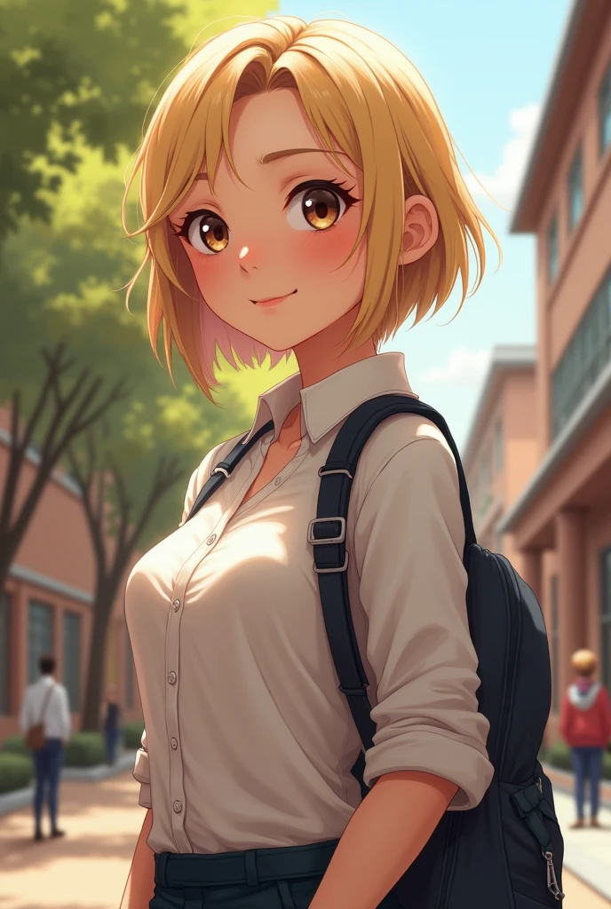 Create character named Lily, blonde short hair, female, university student, she has smart and sensible.