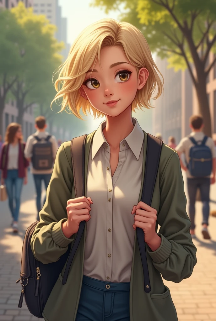 Create character named Lily, blonde short hair, female, university student, she has smart and sensible.