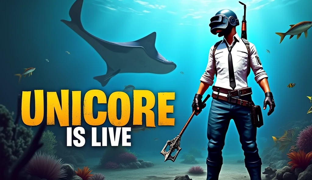 I want a baground of see fishes stingray a pubg character who hold a trident in his hand and stan right side of image and write unicore is live in big size in three rows in left side in gaming font in yellow and white color write is under unicore 
