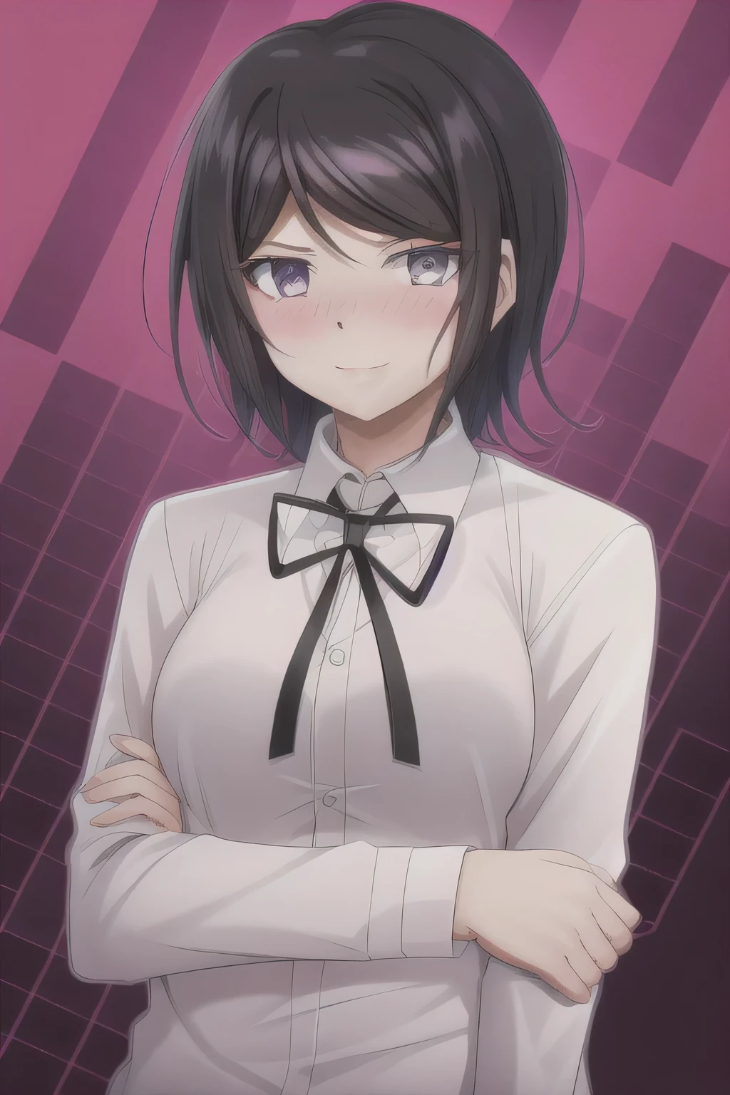 Mukuro Ikusaba. Masterpiece, Best Quality,  1girl, solo, jacket, ribbon, shirt, neck ribbon, upper body, looking at viewer with shy blushing smile, collared shirt, brown jacket, white shirt, black ribbon, breasts, simple background, closed mouth, white background, long sleeves, shiny hair, school uniform, transparent background, medium breasts, shiny. 