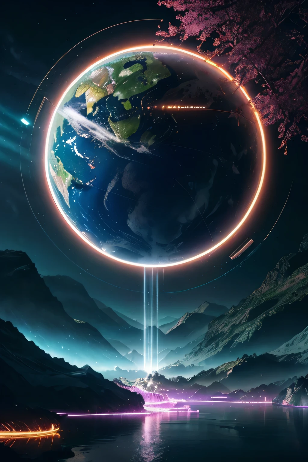 a highly detailed, hyper-realistic illustration of a futuristic, technologically advanced earth, cinematic lighting, dramatic shadows, glowing energy fields, floating cities, advanced infrastructure, majestic mountains, lush forests, shimmering oceans, intricate machinery, metallic textures, neon lights, dynamic composition, vibrant color palette, 8k, photorealistic, cinematic, concept art style