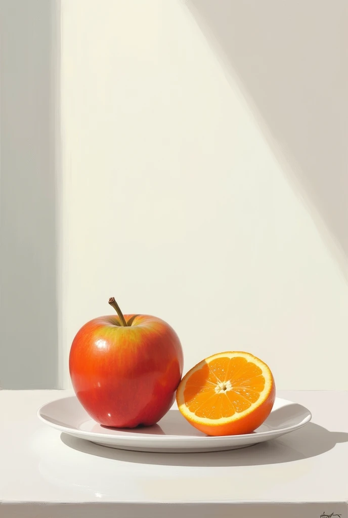 oil pant sket picture apple and orange on the dish. they are in the clean room.