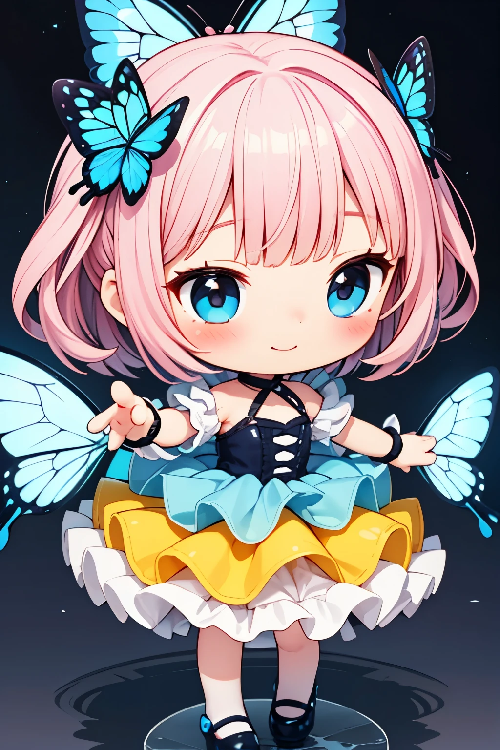 Photorealistic、Chibi Girl Doll(Embarrassed blushing smile、Morpho butterfly-inspired clothing that glows softly in the dark、Cute Shoes、Cute Hairpins、rotate、Dance with grace)