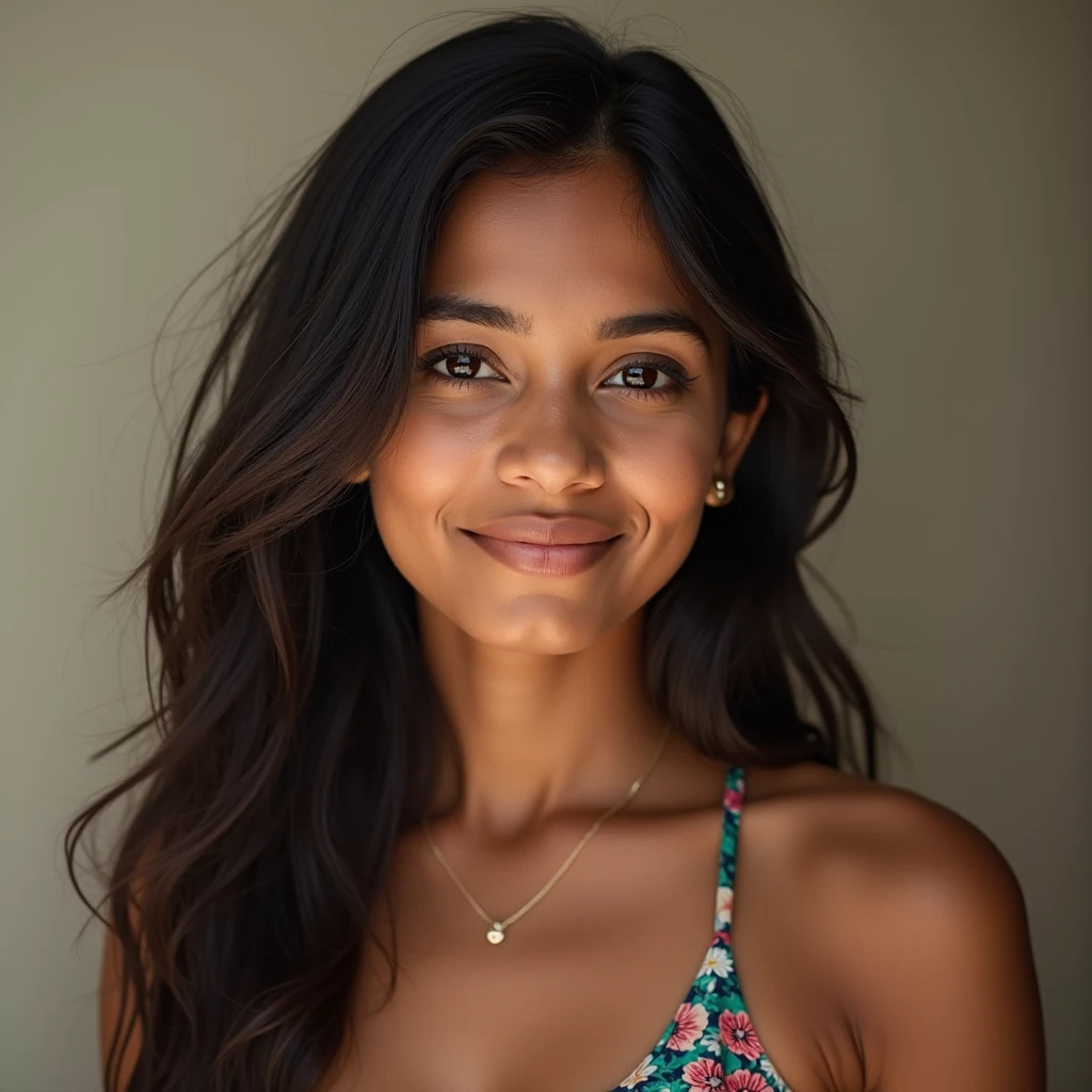 Bangladeshi 1 girl , oval shape face, unclothed belly, long black hair, smile, no make up on face, black skin