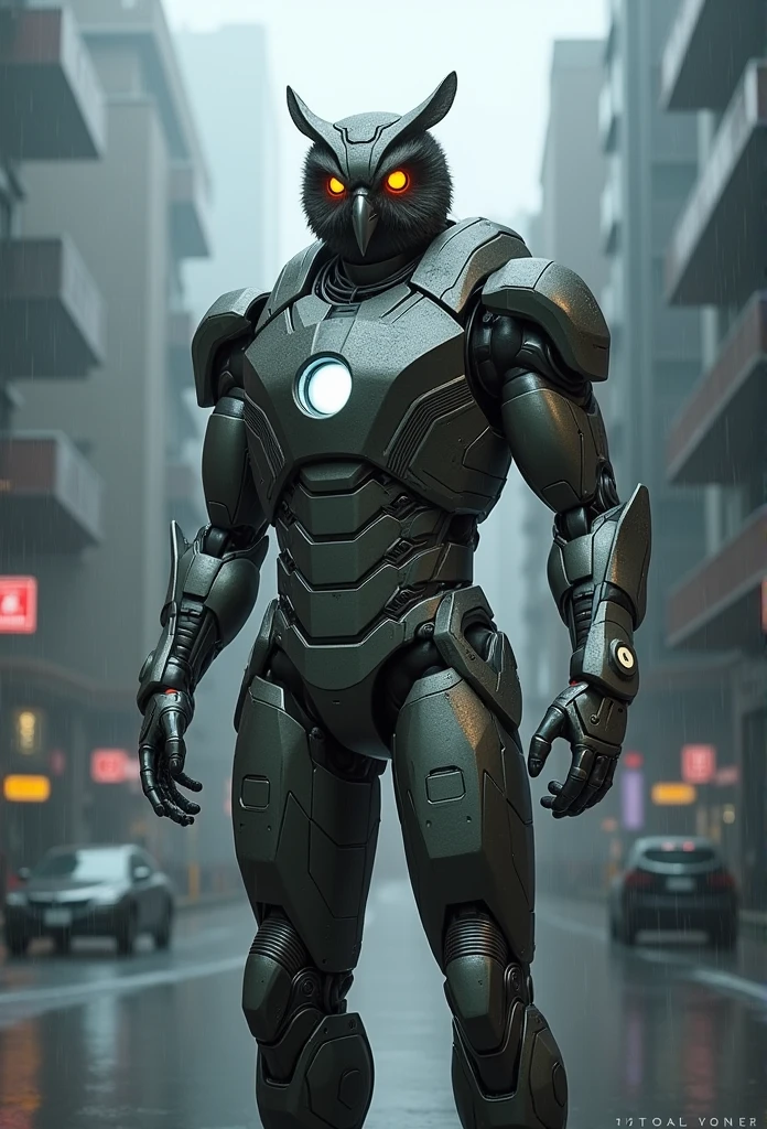 Image of Marvel's Iron Man Owl Face Standing Outside City 17, rainy, RTX, octane, unreal