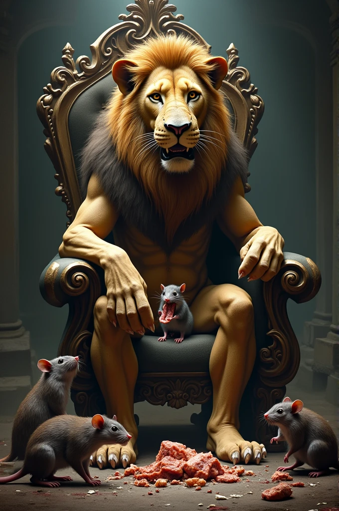 A very wounded lion sitting in a large chair with a broken palace behind him and his hands covered in blood and bleeding from his nose.