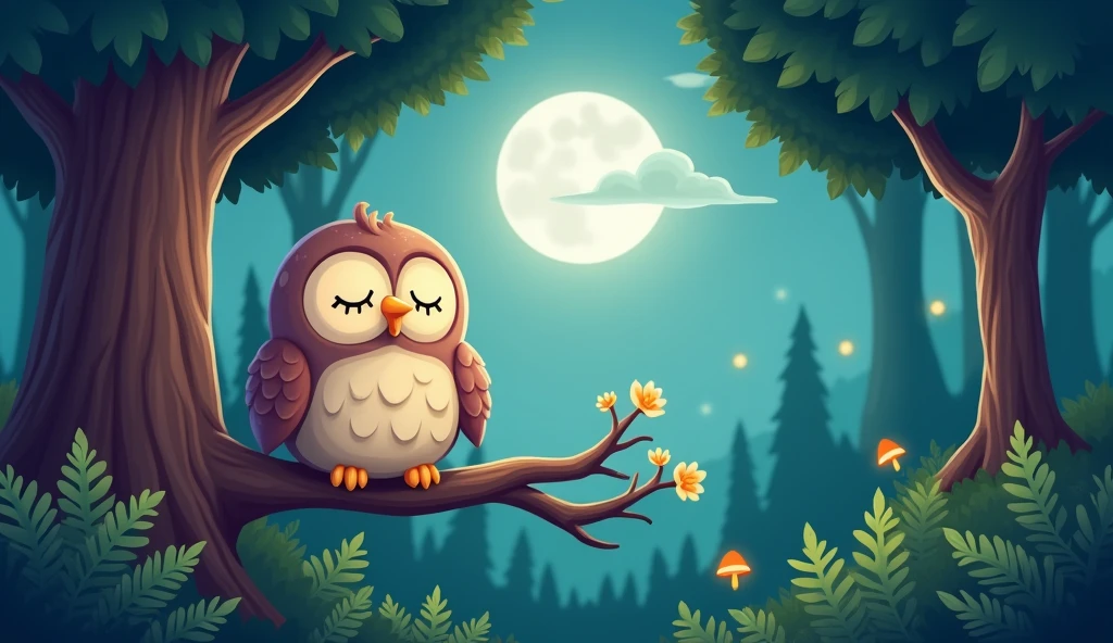 create a cartoon sleepy owl in The forest Underneath the silver moon