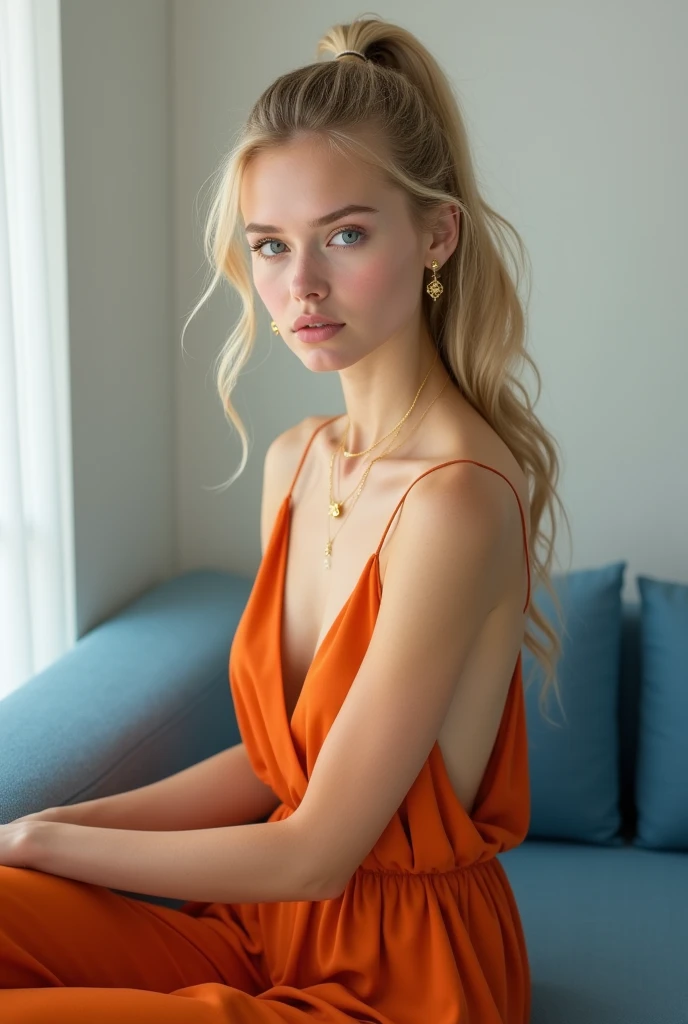 A tall, slim model with pale skin and pink undertones, lunghi capelli biondi ondulati raccolti in una coda alta, and bright blue eyes. She wears an orange summer dress, with golden earrings and a golden chain. The scene is set against a minimalist backdrop of a modern house. The model has a serene expression and an intense look, sitting on a blue sofa."