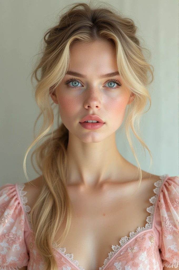Young woman with blonde wavy hair , blue eyes and off-white skin with a pink and white patterned dress with a deep neckline