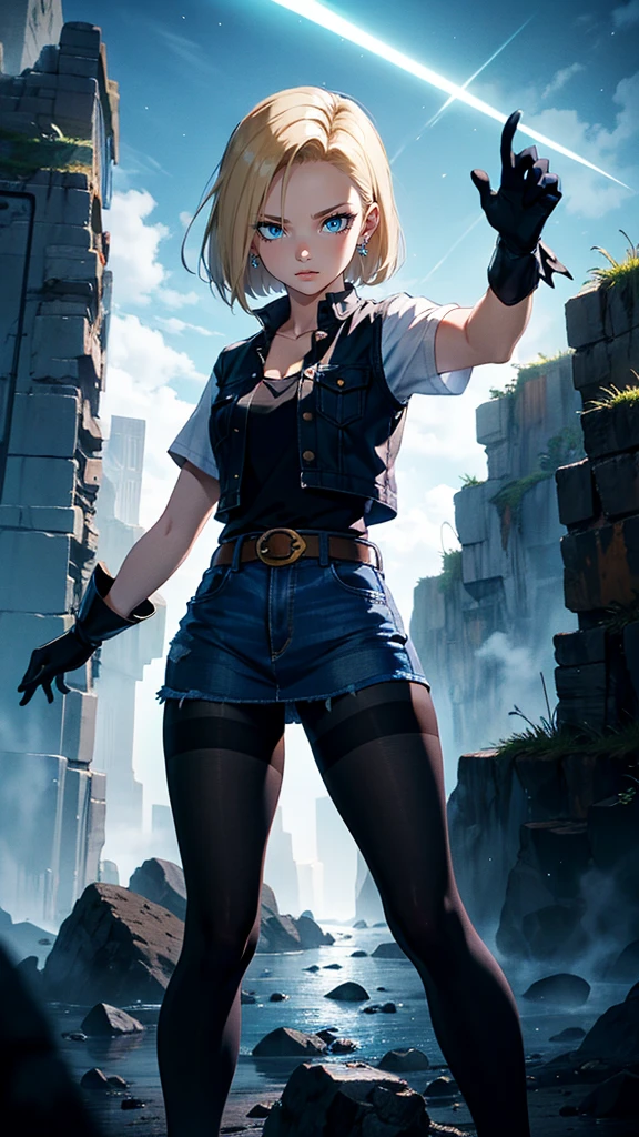 best quality, highres, 1girl, slim body, android 18, blonde hair, short hair, blue eyes, glowing eyes, confident look, earrings, open blue denim vest, black pantyhose, black shirt, blue denim skirt, long strapped sleeves, brown belt, black short gloves, stands in a lunge with an arm outstretched, glass shards in the background, canyon, night, fog, epic lighting.