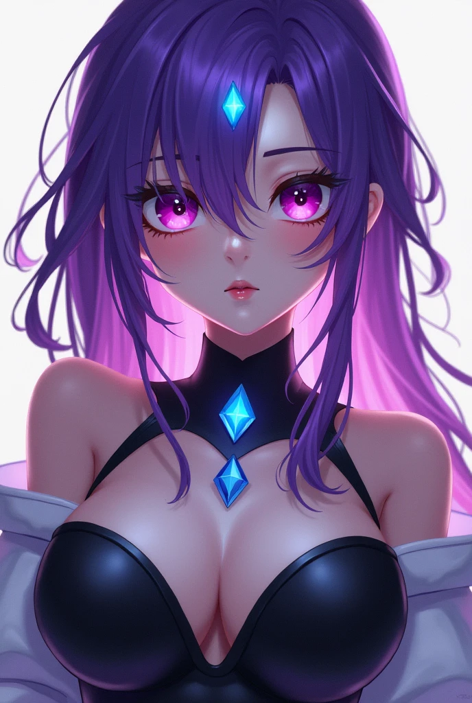 A beautiful girl with violet hair and magenta eyes and a black cornea on her left eye. Beautiful. Her breasts are big. Her clothes are black and her sleeves are white. She wears a bright blue gem necklace. Her hair covers her left eye. Has a bright blue gem on her forehead. Beautiful. There is only one gem on her necklace