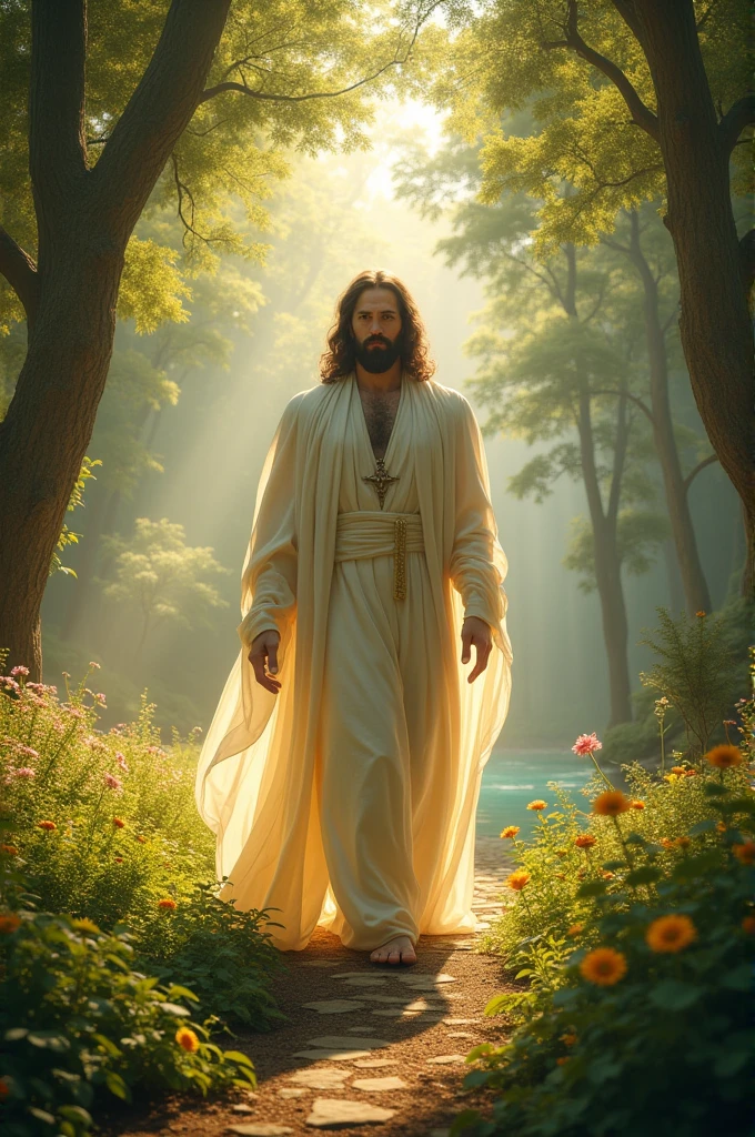 God walking through the Garden of Eden looking for Adam and Eve. They are hiding in fear