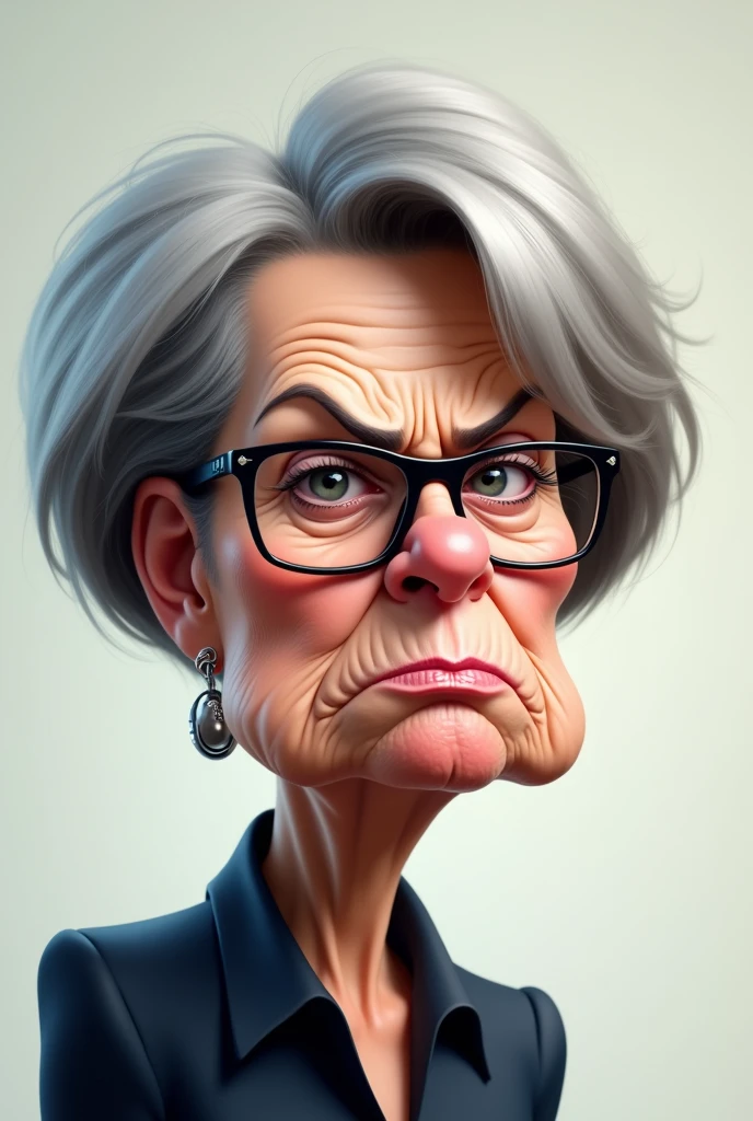 Fais-moi une caricature de Sandrine Rousseau, la plus fidèle possible, avec une expression énervée. Elle porte des lunettes, ses cheveux sont courts et gris. Sandrine Rousseau est une députée française.