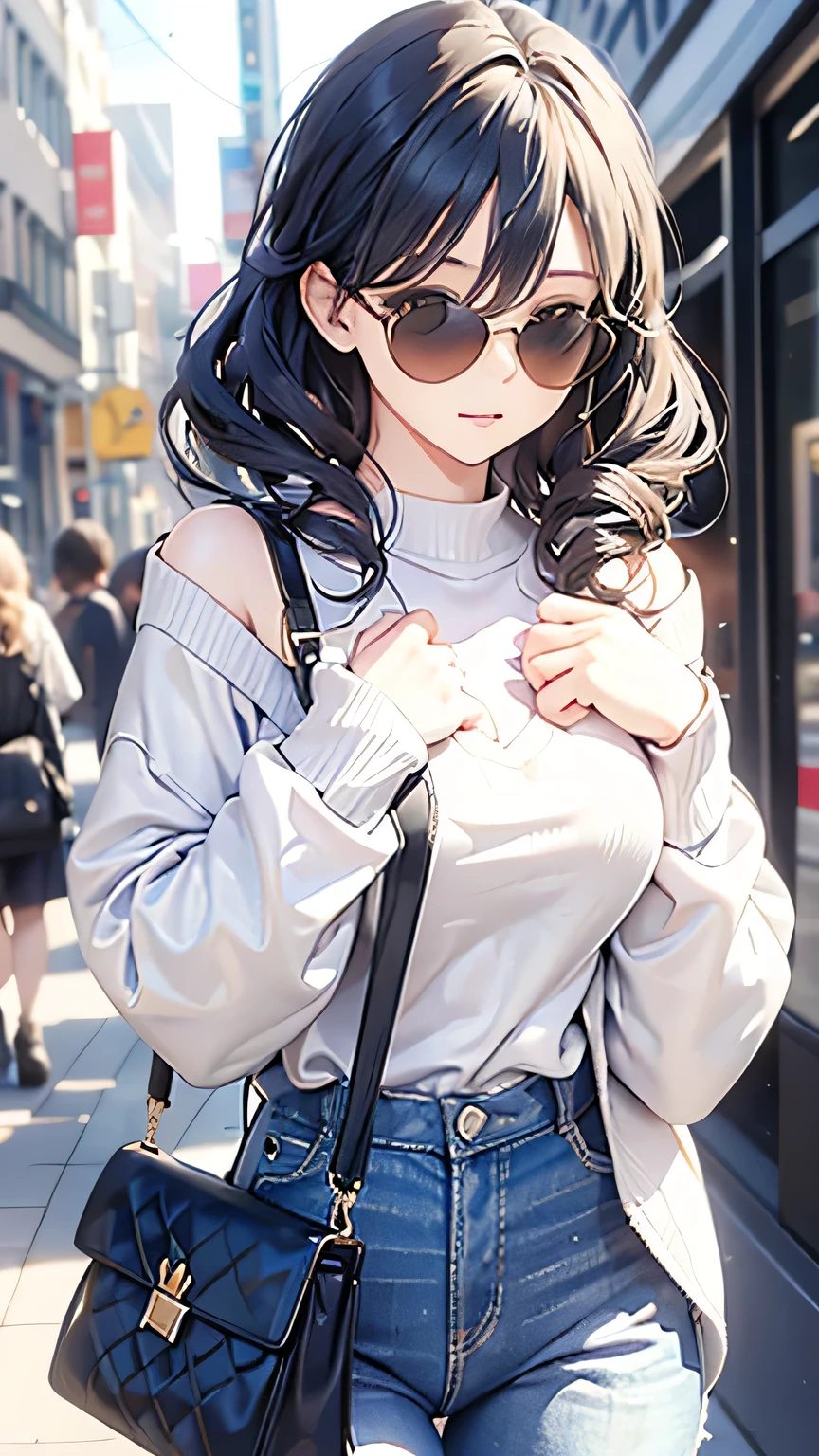 Spiral Curls,Hair is soaked,sunglasses,Bend over,Staring closely at the camera lens,Chest close-up,One size larger crew neck sweater,Shoulder bag