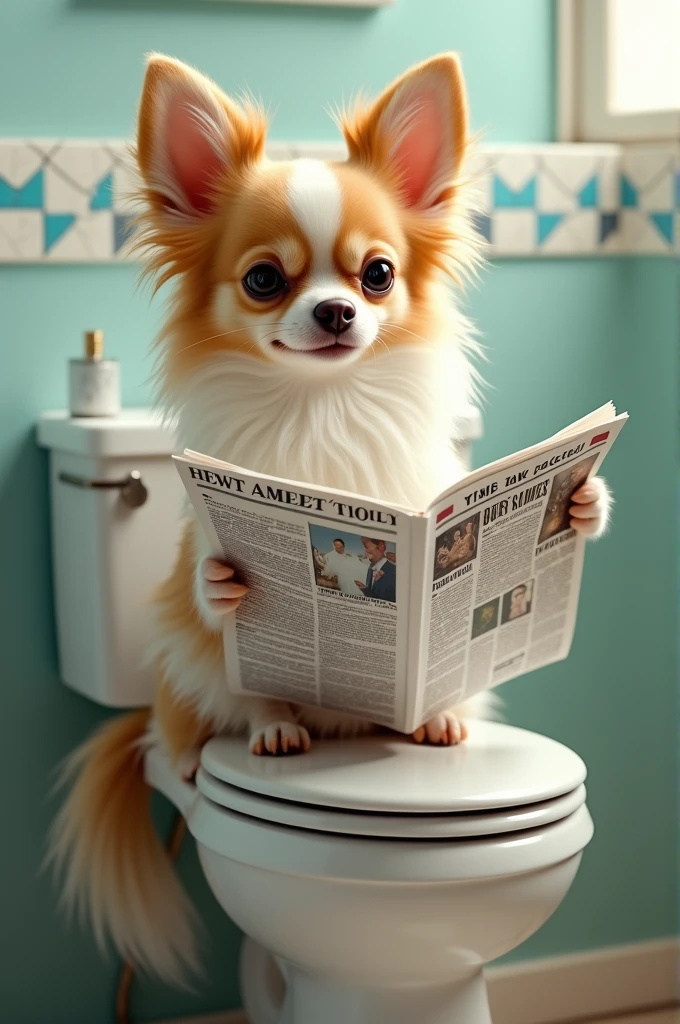 A picture of a long-haired chihuahua from the filming locations has. The dog is white but the right half of the face is light brown. The dog sits on a toilet and reads a newspaper