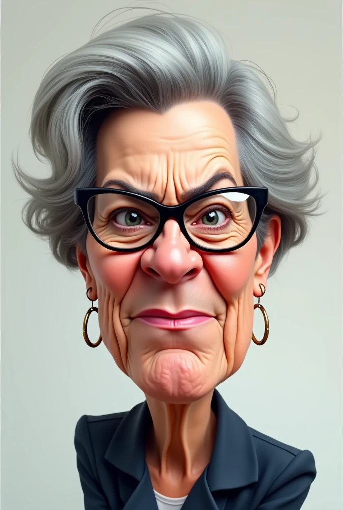 Fais-moi une caricature de Sandrine Rousseau, la plus fidèle possible, avec une expression énervée. Elle porte des lunettes, ses cheveux sont courts et gris. Sandrine Rousseau est une députée française.