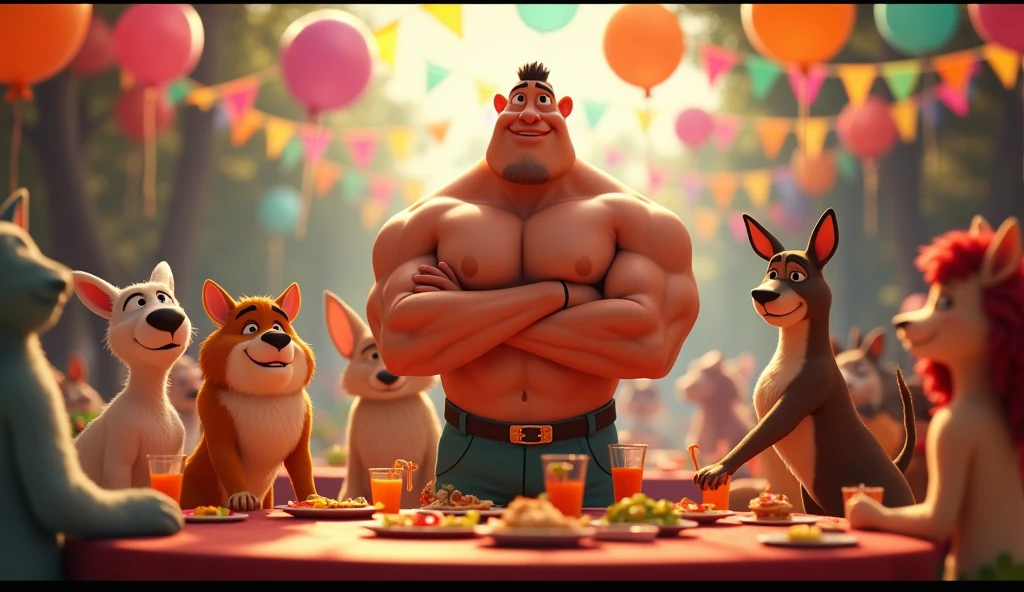 A 3d animated movie short,
Pandu, now extremely muscular with a prominent six-pack, is depicted celebrating his transformation. He is shown excitedly planning a party, with a thoughtful expression as he imagines the celebration. The scene transitions to the party, where Pandu is hosting a lively event with all his animal friends in attendance. The party setting is decorated with colorful banners, balloons, and a festive atmosphere. Pandu’s friends, including various animals, are shown enjoying themselves with food, drinks, and music. The mood is joyful and celebratory, highlighting Pandu’s achievement and the fun he’s sharing with his friends.