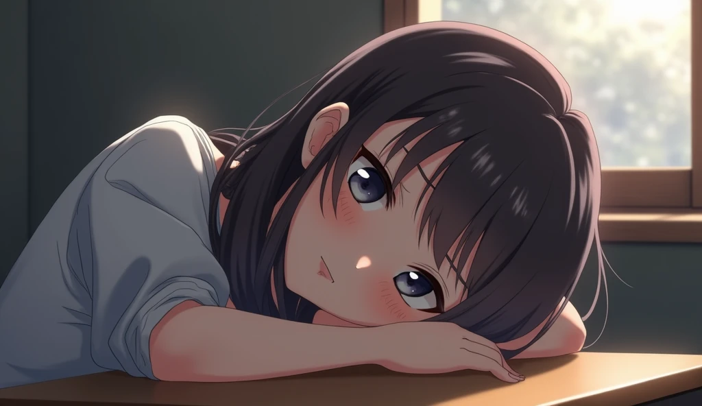 Anime-style scene of a female student who has just woken up, sitting next to me at the same desk. She looks at me tiredly., Pained eyes, Look up a little, Then place your face in your palm, Supported by the hand on her cheek, To support a sore head. The character smiles slightly, Looking at her sitting next to me、She is weak々Smile
