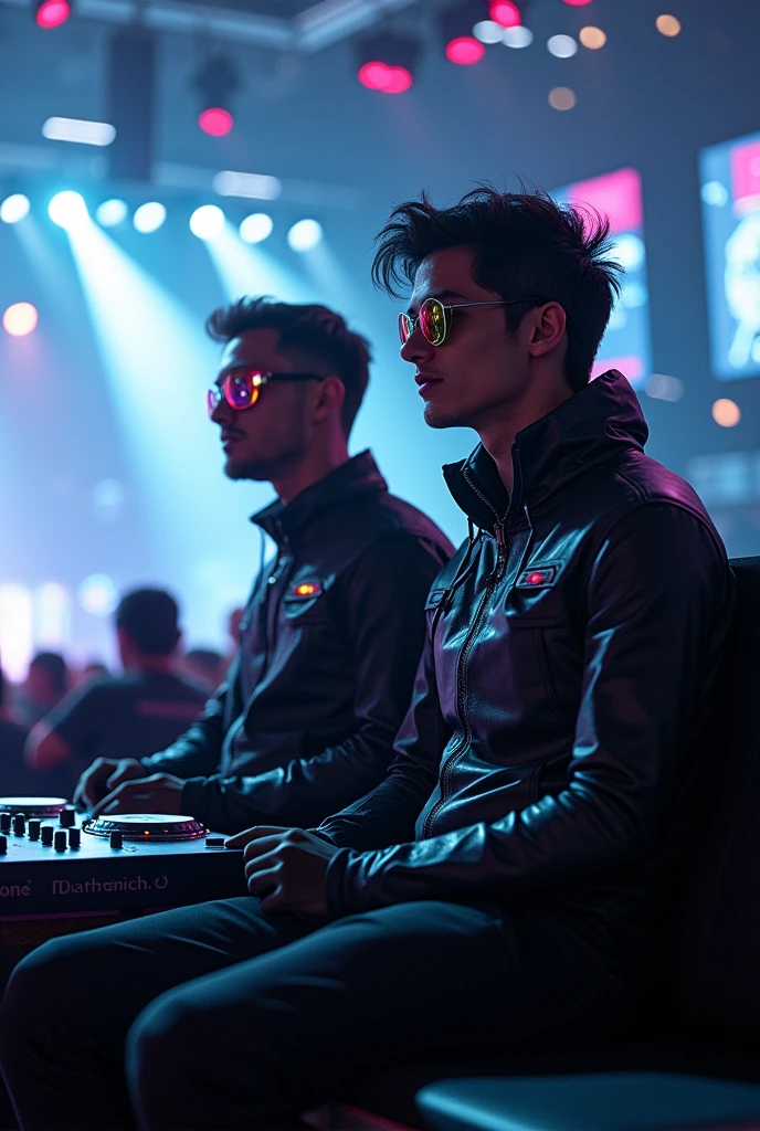 Two futuristic male DJ friends sitting at a concert looking to the right and full body