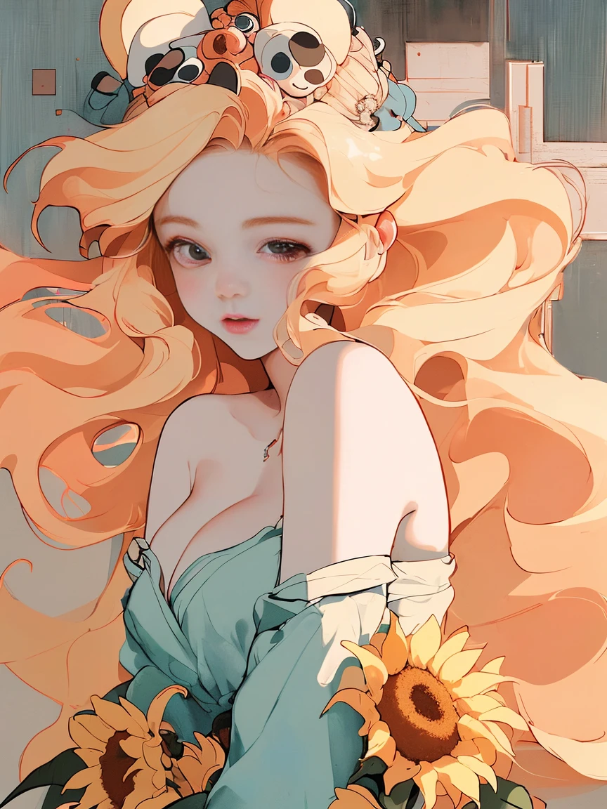 masterpiece, high quality, Movie Stills, A girl,blond hair,Sunflowers are worn on the head, Floating in the air, cloud女孩, cloud, (Close-up cleavage: 1.1), bright, hapiness, interesting, Soft Lighting, (Bauhaus, shape, Line works, Abstract: 1.1), Panda ears,