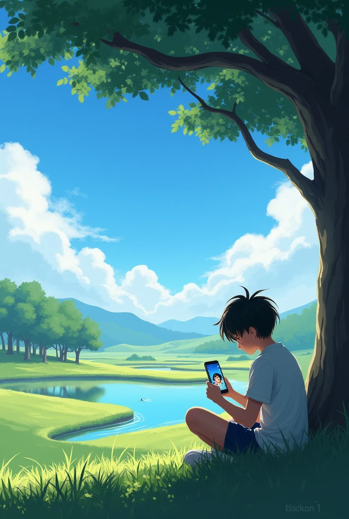 Under the blue sky, sitting under a tree in a field next to a river, a broken lake, a 2 boy looking at a picture of a girl on his mobile phone.