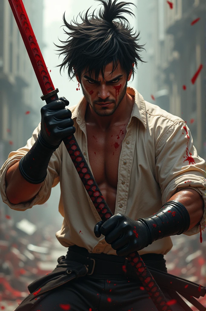 messy quiff hairstyle in men with katana sword blood on his body anf face