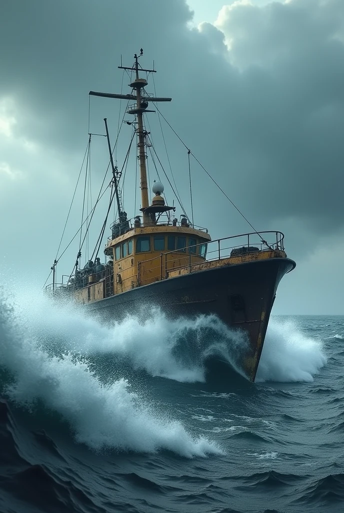 a fishing trawler in a stormy sea, highly detailed, cinematic quality, (best quality,4k,8k,highres,masterpiece:1.2),ultra-detailed,(realistic,photorealistic,photo-realistic:1.37),dramatic lighting,MDQ,dramatic sky,crashing waves,wet surfaces,gritty textures,overcast,moody atmosphere
