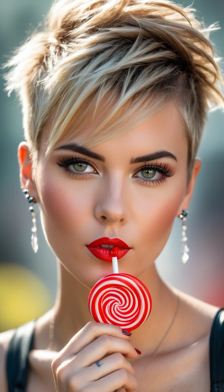 concept art 2 European supermodel,punk hair do,holding a small red lollipop in front of her chin,artsy,bokeh,f1.4,40mm,photorealistic,raw,8k,skin pores,fashion magazine cover shot,, Thorough,analog style,eye focus,highest quality,(highly detailed skin),perfect face,skin pores,(bokeh:0.6),sharp focus,dappled lighting,(backlighting:0.7),film grain,photographed on a Sony A7R IV,18mm F/1.7 cine lens,(highly detailed, intricately detailed),8k,HDR,front view,(upper body:0.9) . digital artwork, illustrative, painterly, matte painting, highly detailed