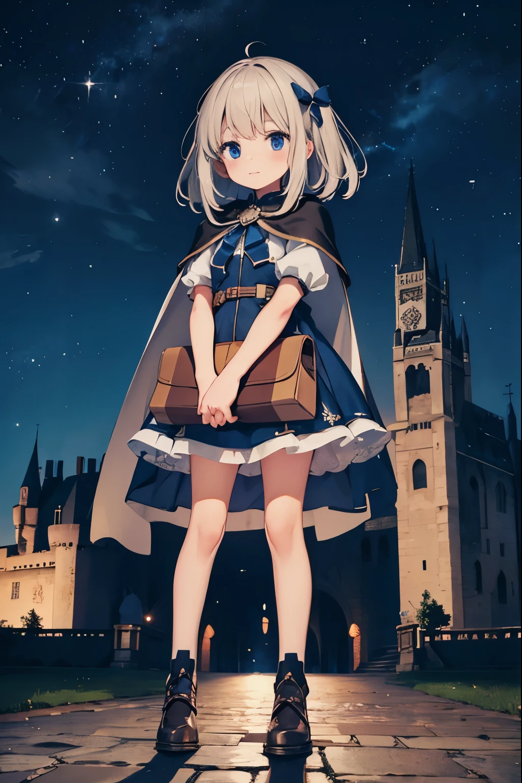 night sky, castle,  1girl, standing, solo, full body, , maribe, puffy short sleeves,  cape, bag