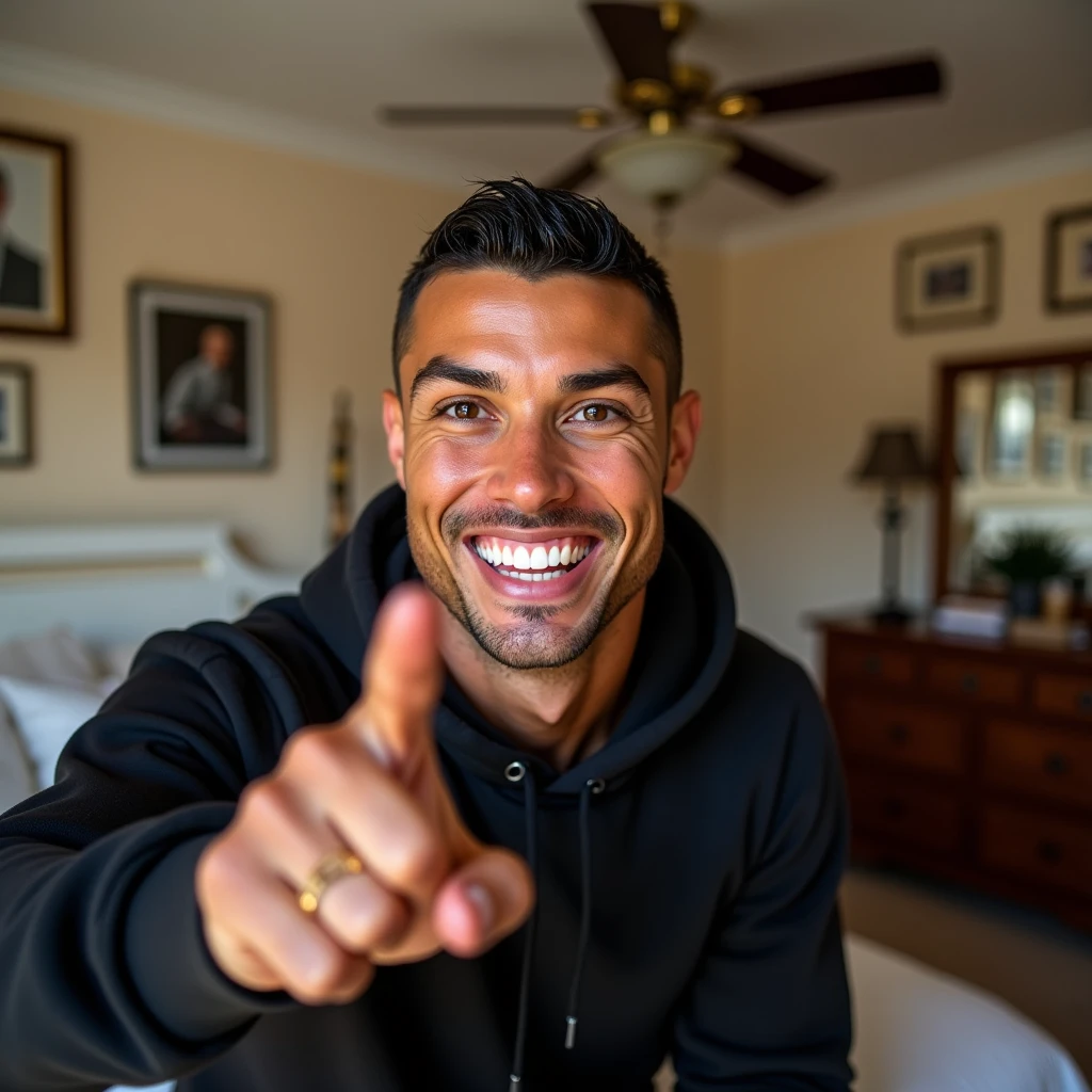 The image is a close-up of Cristiano Ronaldo face. He is wearing a black hoodie and has a big smile on his face. His eyes are wide open and his mouth is slightly open, as if he is laughing. His right hand is pointing towards the camera. The background of the image shows a bedroom with a bed, a dresser, and a ceiling fan. There are also several framed pictures hanging on the wall.