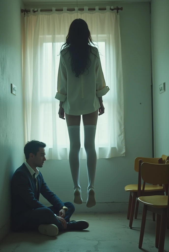 Scene of female student wearing white thigh high socks hanging herself to death ,hovering in the air , a man sitting on the ground in panic with a chair on the ground 