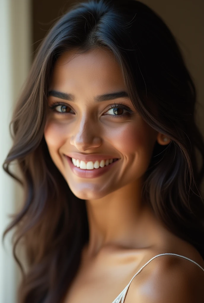 There is a young, Beautiful indian woman, who looks to the future like Katrina Kaif, Smiles into the camera, beautiful teeth, She looks into the camera, a portrait from raw photo, body, conservative modern europen dress, ((hair Curtain Bangs),